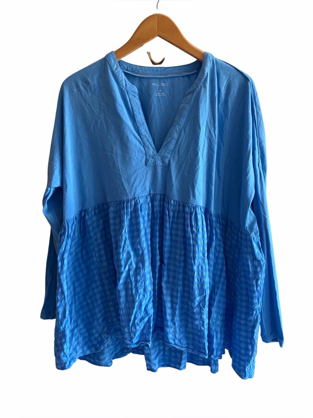 Anthropologie Pilcro Babydoll Blouse Top Sz S Blue Gingham Oversized Beachy Boho - Picture 3 of 7